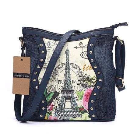 AnnaMouler Cartoon Printed Denim Shoulder Bag Blue