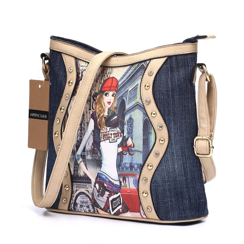 AnnaMouler Cartoon Printed Denim Shoulder Bag Khaki