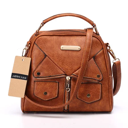 AnnaMouler Double Zipper PU Leather Handbag Brown