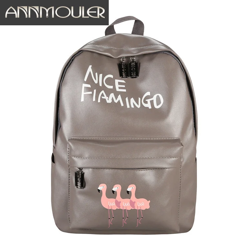 AnnaMouler Flamingo Print  School Bag for Girls Grey