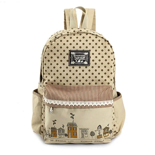 AnnaMouler Polka Dots Canvas Backpack Khaki