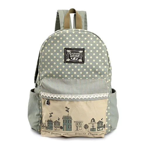 AnnaMouler Polka Dots Canvas Backpack Light Blue