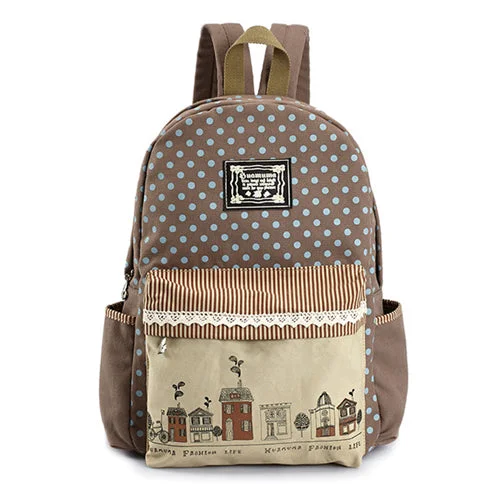 AnnaMouler Polka Dots Canvas Backpack Light Brown