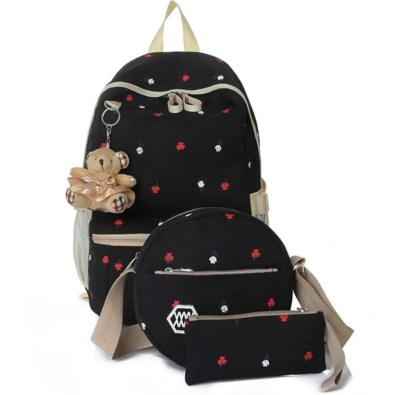 AnnaMouler Preppy Style Floral Print School Bag Black