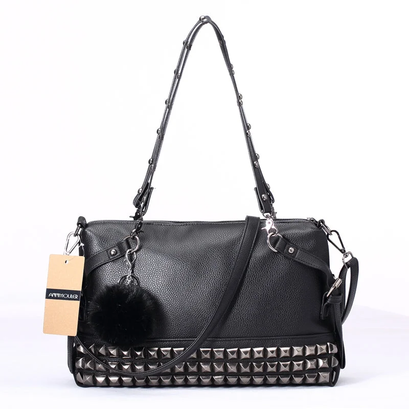 AnnaMouler Vintage Rivet PU Leather Shoulder Bag Black