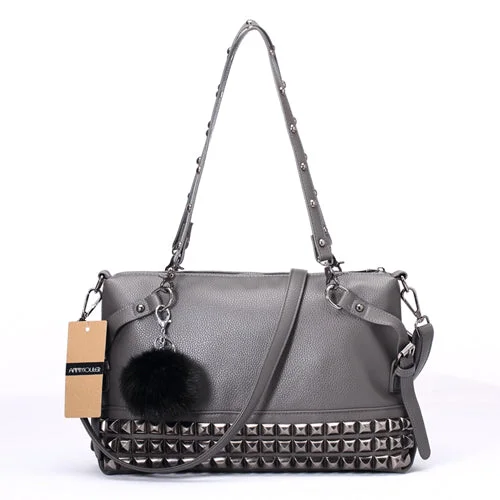 AnnaMouler Vintage Rivet PU Leather Shoulder Bag Grey