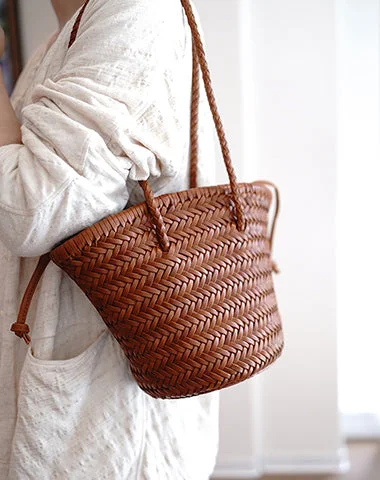 Brown Womens Braided Leather Bucket Purse Womens Braided Shoulder Bag for Ladies