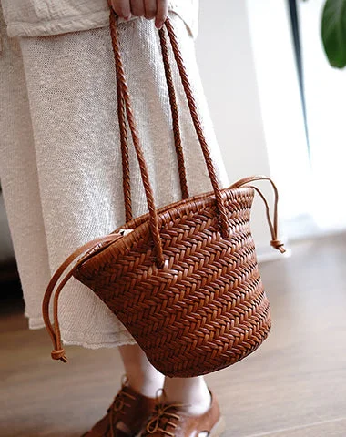 Brown Womens Braided Leather Shoulder Bag Womens Braided Bucket Purse for Ladies