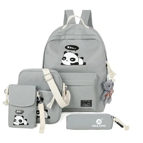 Casual Canvas Cartoon Backpack Set Grey