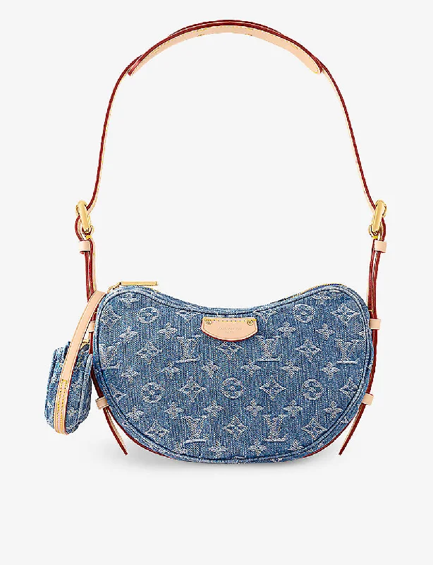 Croissant MM logo-print denim and leather shoulder bag