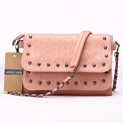 Fashionable PU Leather Rivet Skull Handbag Pink