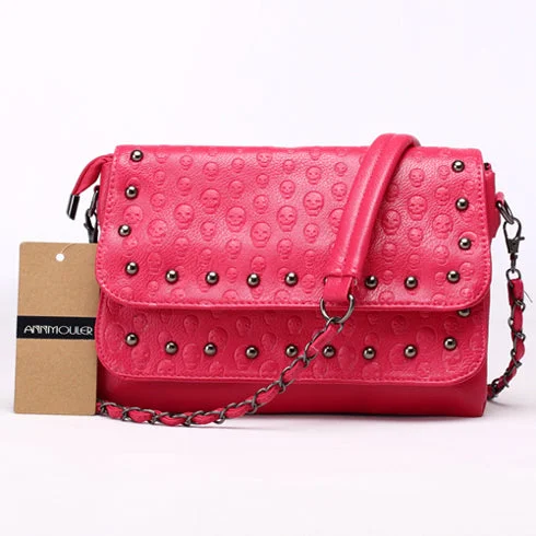 Fashionable PU Leather Rivet Skull Handbag Rose