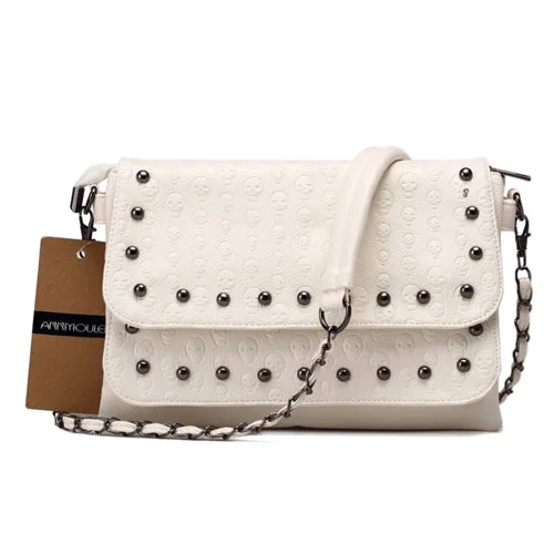 Fashionable PU Leather Rivet Skull Handbag White