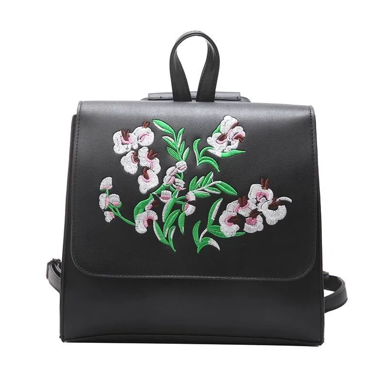 Floral Embroidery Style Women Backpack Black