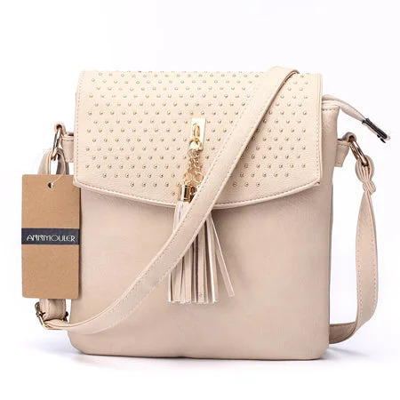 New AnnaMouler Double Zipper Shoulder Bag with Tassel Beige