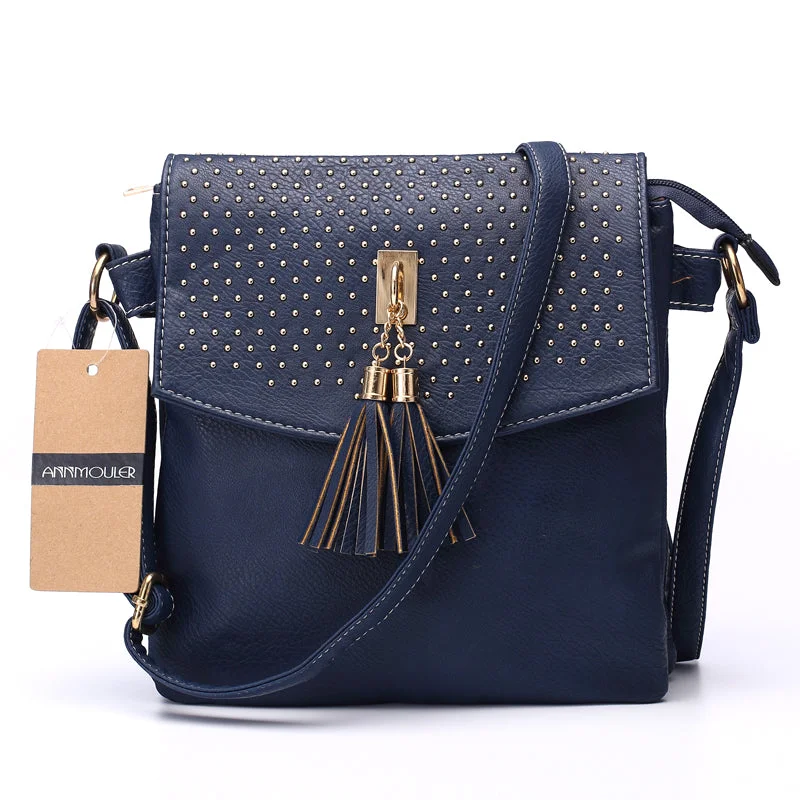 New AnnaMouler Double Zipper Shoulder Bag with Tassel Blue