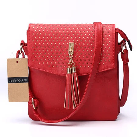 New AnnaMouler Double Zipper Shoulder Bag with Tassel Red