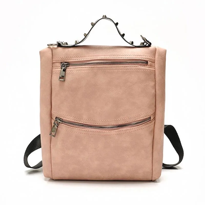 New Fashion Double Zipper Leather Backpack Pink