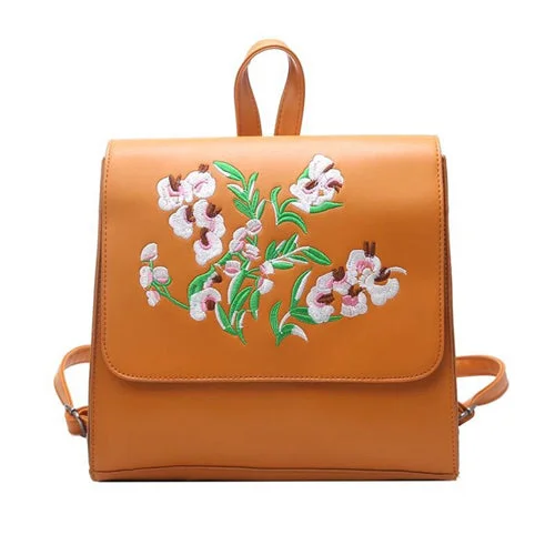 Preppy Floral PU Leather Backpack for Teens Light Brown