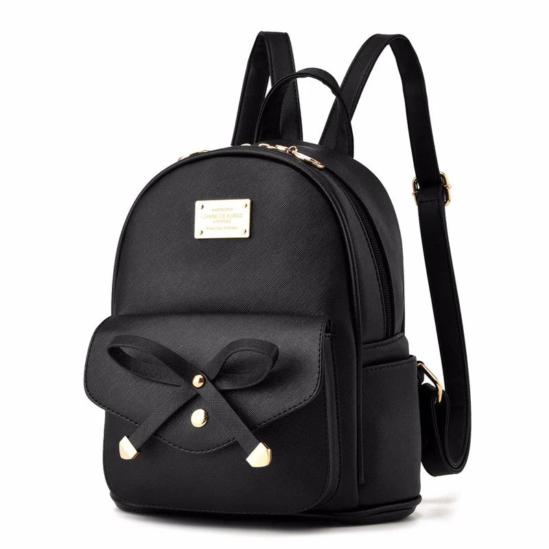 PU Leather Backpack for Teens with Ribbon Black