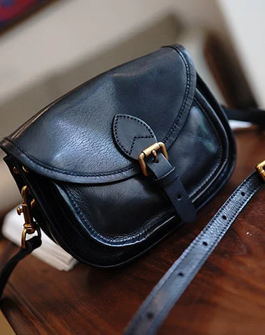 Vintage Black Womens Small Saddle Shoulder Bag Small Satchel Side Bag Crossbody Purse for Ladies