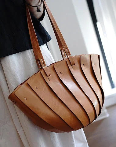 Vintage Brown Leather Splicing Bucket Handbag Tote Women Handmade Shoulder Tote Bag for Women