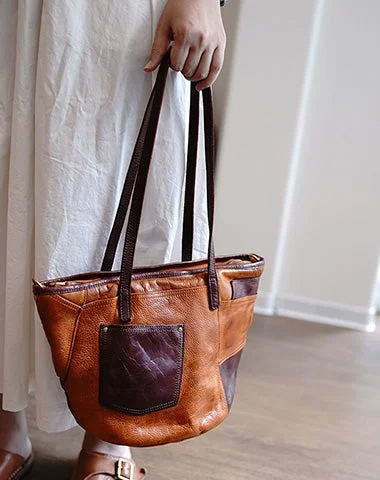 Vintage Brown Leather Stitching Style Shoulder Tote Women Tote Handbag for Women