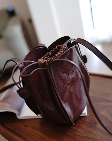 Vintage Womens Coffee Leather Small Bucket Shoulder Bag Flower Bud Bucket Purse for Women