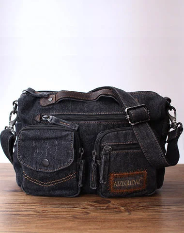 Black Denim Side Bag Mens Denim Messenger Bags Vintage Denim Crossbody Bag For Women