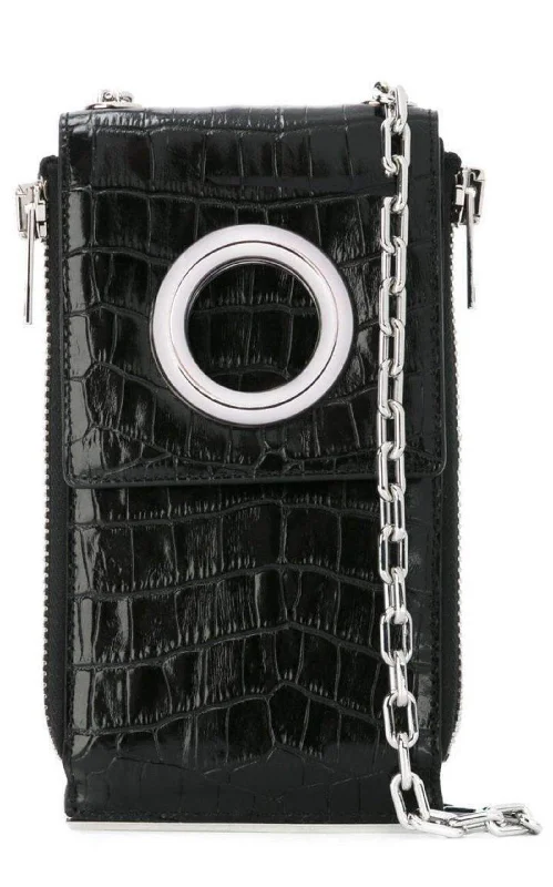 Black Shoulder Wallet Crocodile Embossed Leather