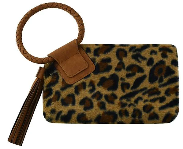 BP204LF Leopard Fur Cuff Handle Tassel/Wristlet Clutch