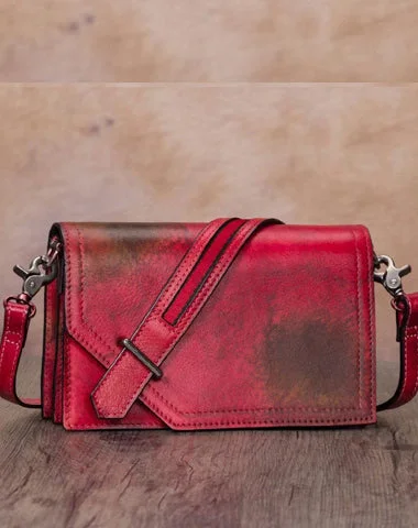 Leather Vintage Red Womens Side Bag Square Flap Over Satchel Shoulder Bag Crossbody Bag Purse for Ladies