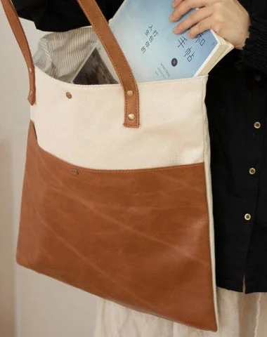 Canvas Tote Bags White&Brown Canvas Leather Handbags Womens Canvas Leather Tote Bag for Men