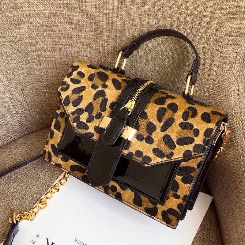 Leopard Crossbody Bags For Women with Zipper Decoration Ladies Chain Handbags And Purses Patent leather Small  Shoulder Bag