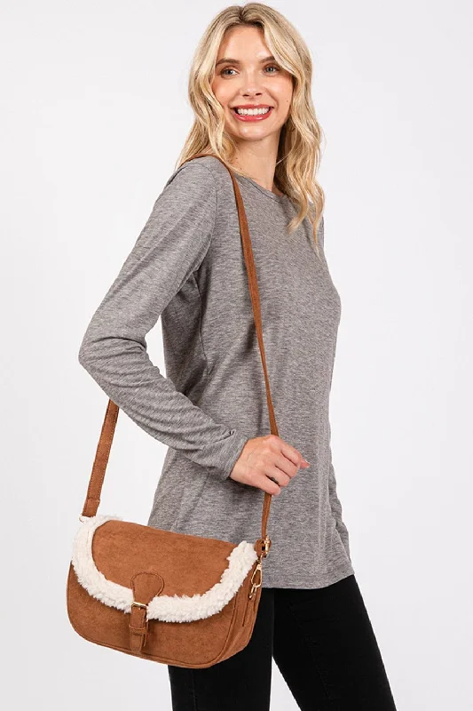 MB0261 Sherpa Trimmed Faux Suede Crossbody Bag