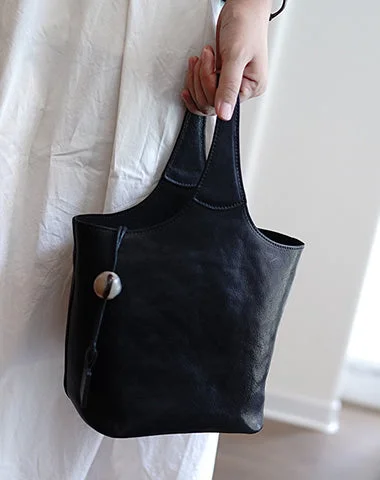 Vintage Black Leather Small Bucket Handbag Women Handmade Small Barrel Bag for Women