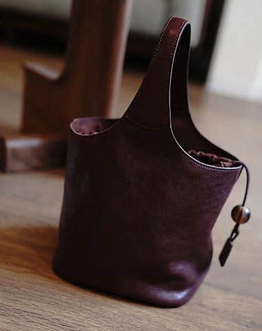 Vintage Coffee Leather Small Bucket Handbag Women Handmade Small Barrel Bag for Women