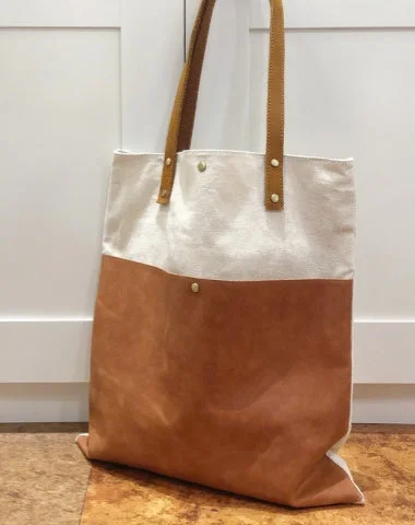 White&Brown Canvas Tote Bag Canvas Leather Handbag Womens Canvas Leather Totes Bag for Men