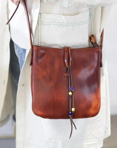 Vintage Brown Leather Women's Small Satchel Shoulder Bag Purse Boho Leather Crossbody Bag